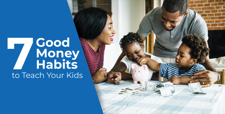 happy family at the table with piggy bank