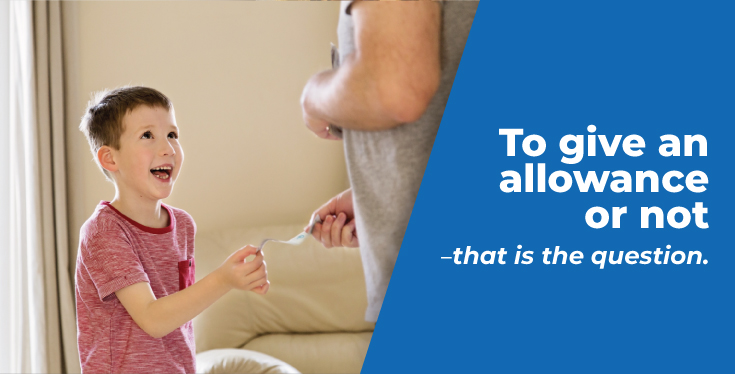 To give an allowance or not - that is the question. - Father giving his young son a dollar