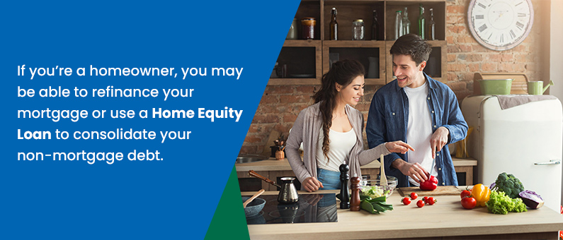 If you're a homeowner, you may be able to refinance your existing mortgage or use a home equity loan to consolidate your non-mortgage debt - image of a couple cooking in their home kitchen