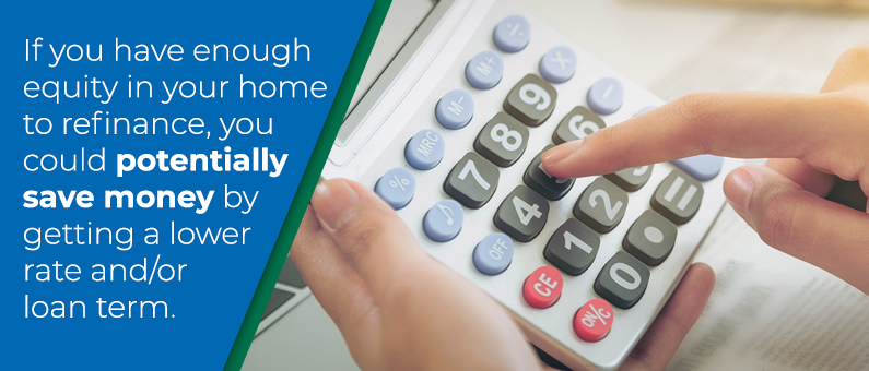 If you have enough equity in your home to refinance, you could potentially save money by getting a lower rate and/or loan term - calculator