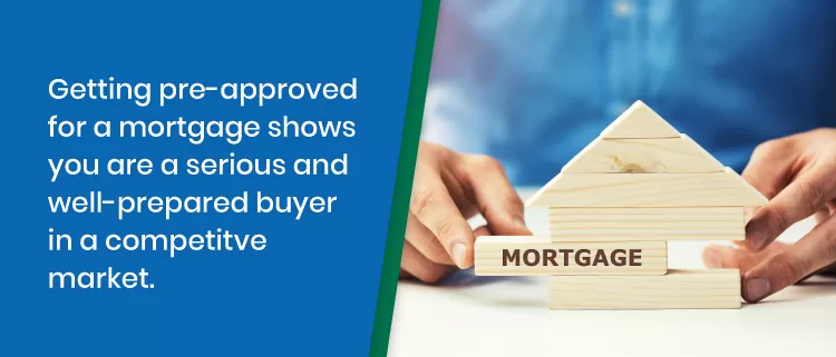 A person stacks wooden blocks shaped like a house; one block labeled MORTGAGE. Text explains the importance of mortgage pre-approval for buyers.