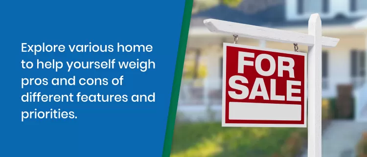 A For Sale sign is displayed in front of a house, with text encouraging buyers to explore home features and weigh pros and cons.