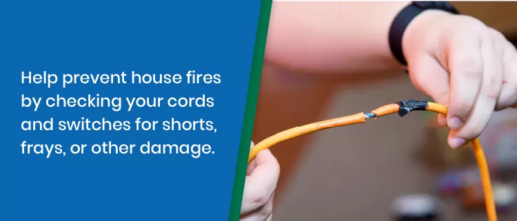 Close-up of hands holding a damaged yellow electrical cord with exposed wires and tape; safety message about checking cords for damage.