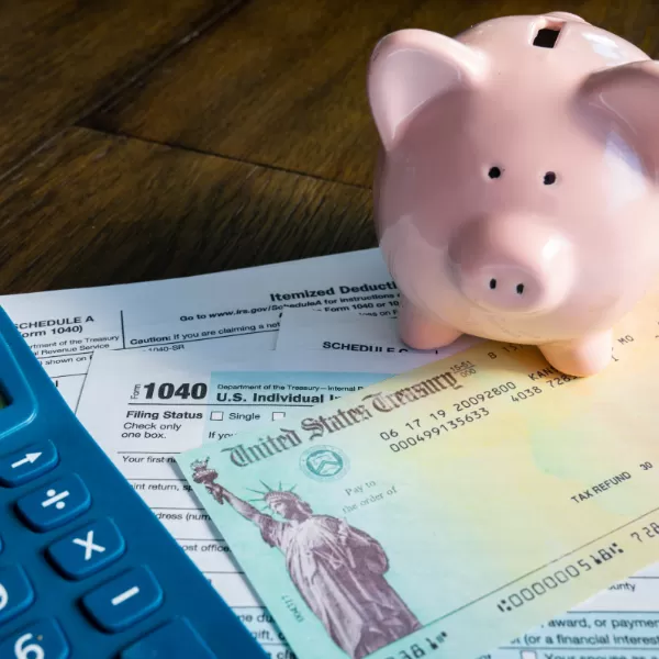 A pink piggy bank, a blue calculator, a tax form, and a U.S. Treasury check are displayed on a wooden surface.