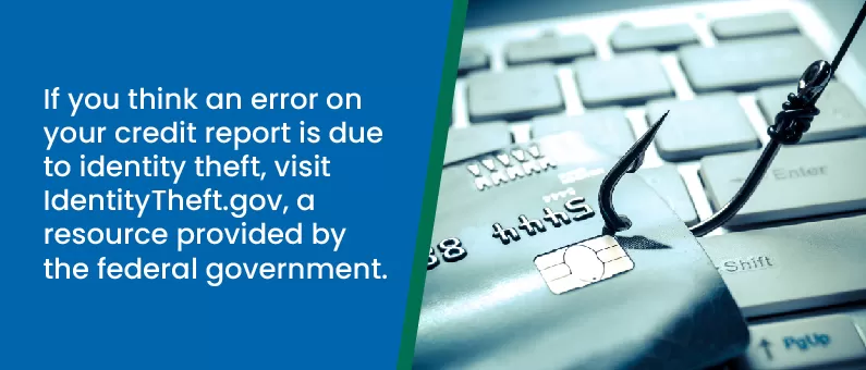 A credit card hooked by a fishing hook on a keyboard, next to text advising victims of identity theft to visit IdentityTheft.gov, a federal government resource.