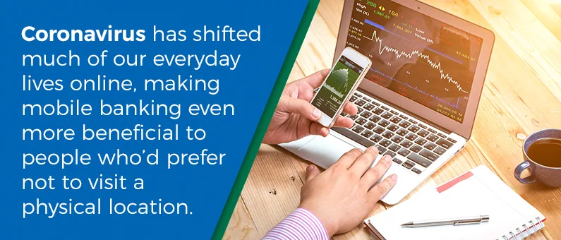 A person uses a phone and laptop for online banking at a desk with a notebook and coffee. Text discusses benefits of mobile banking during coronavirus.