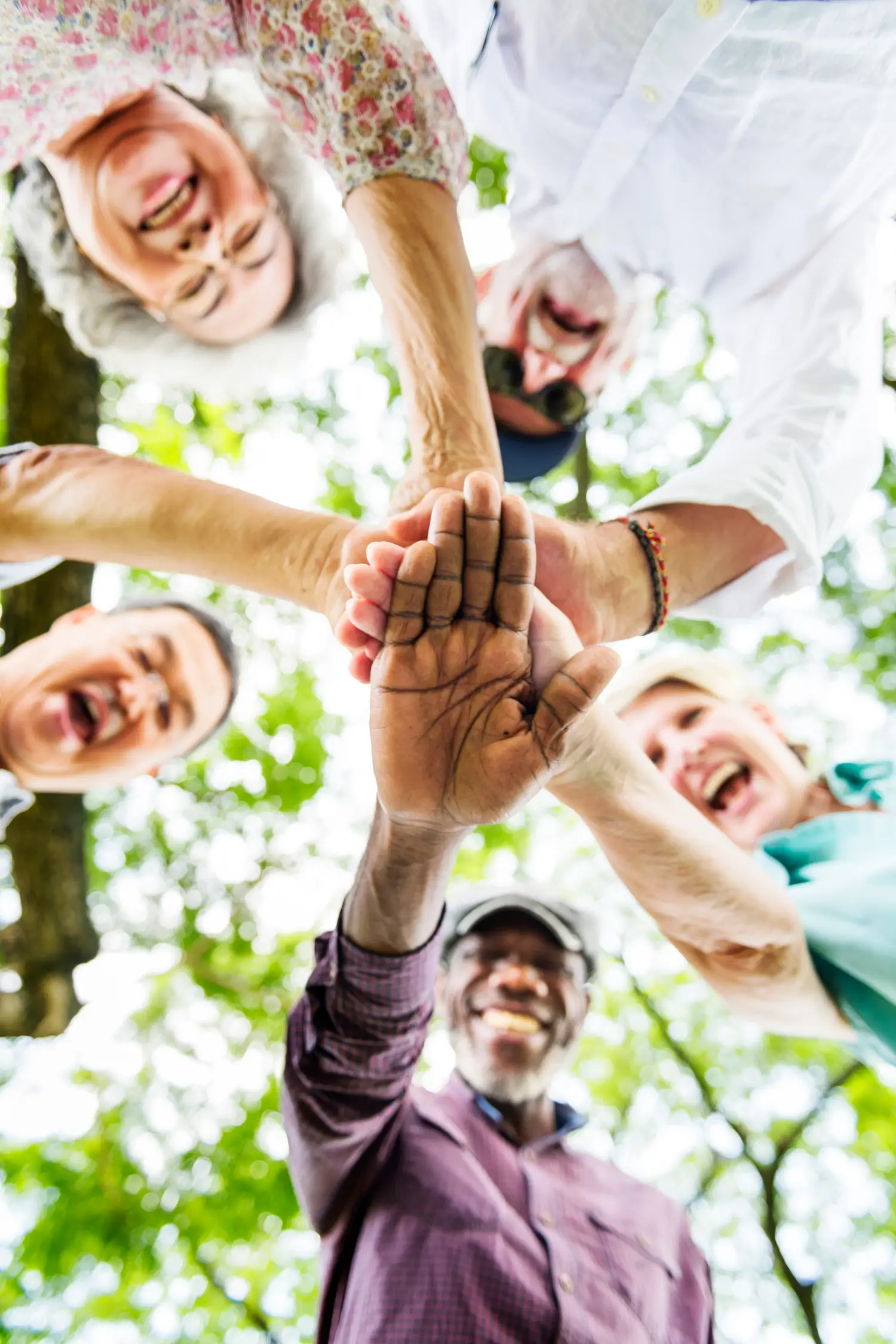Five smiling older adults standing in a circle outdoors, stacking their hands together in the center, viewed from below with trees in the background.