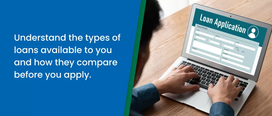 Person typing on a laptop displaying an online loan application form, with text about understanding and comparing types of loans before applying.