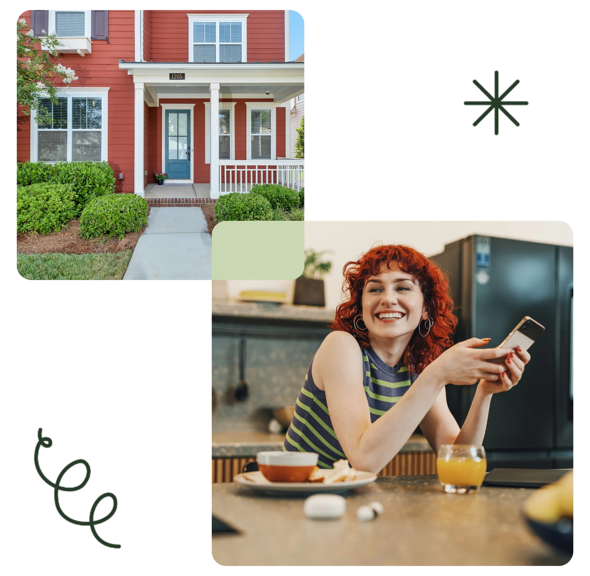 Collage with a red house symbolizing home loans, a smiling woman holding a phone at a kitchen table, ready to open her first mortgage with her local New York credit union.