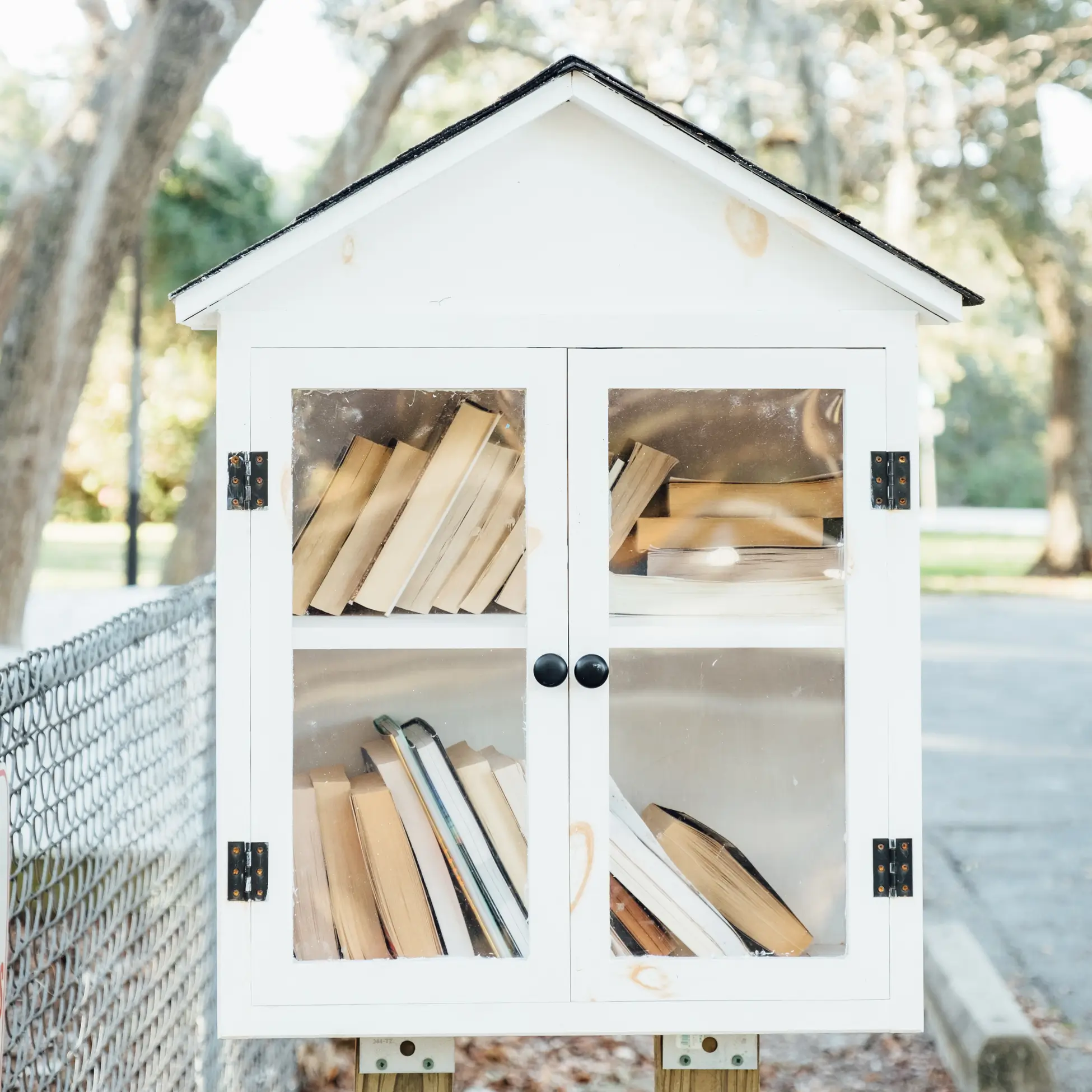 A small white outdoor library box with glass doors, filled with books, stands beside a chain-link fence and trees.