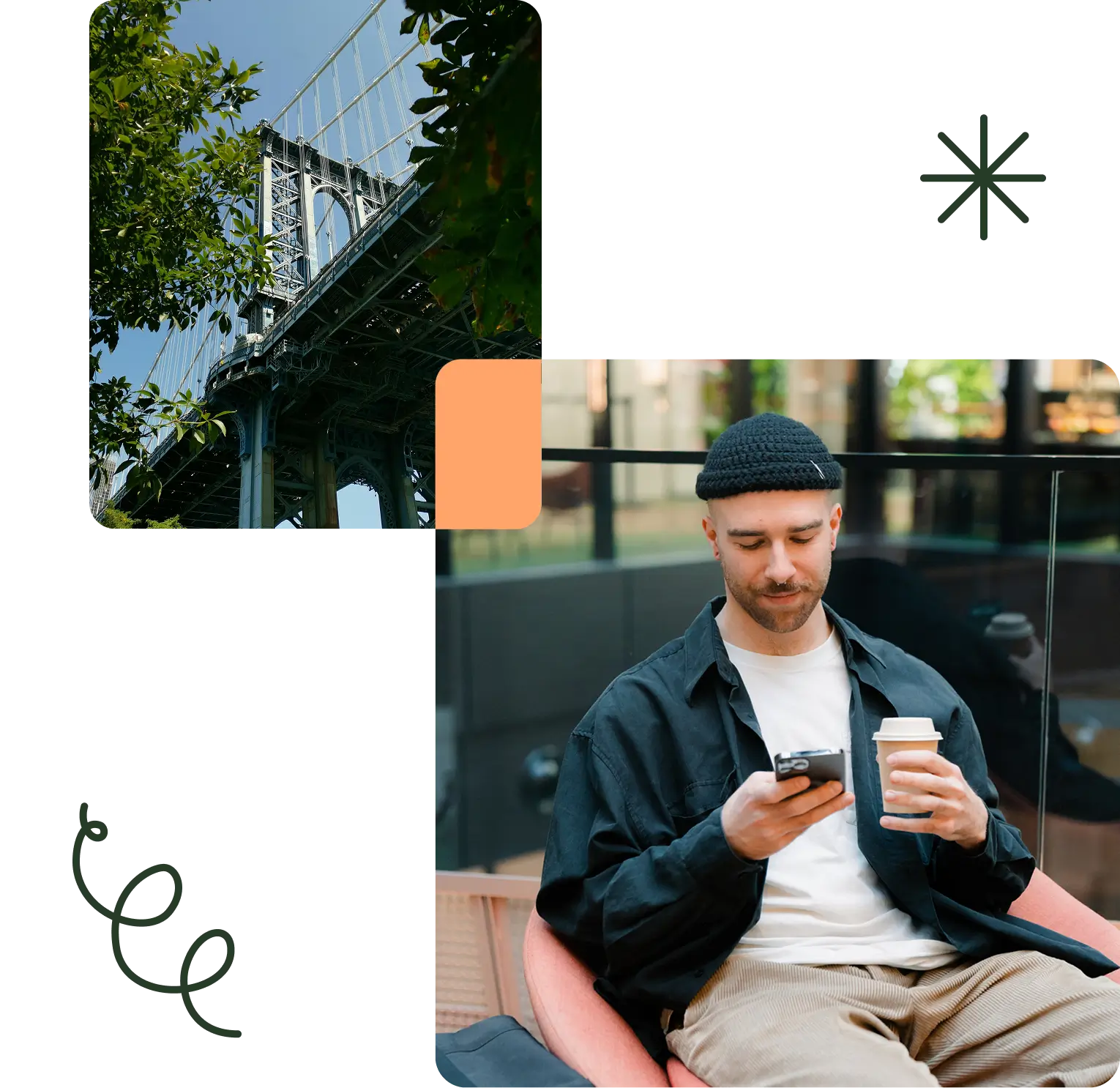 A man sitting outdoors with a coffee cup, looking at his phone. Above him is a photo of a bridge partly obscured by tree branches.