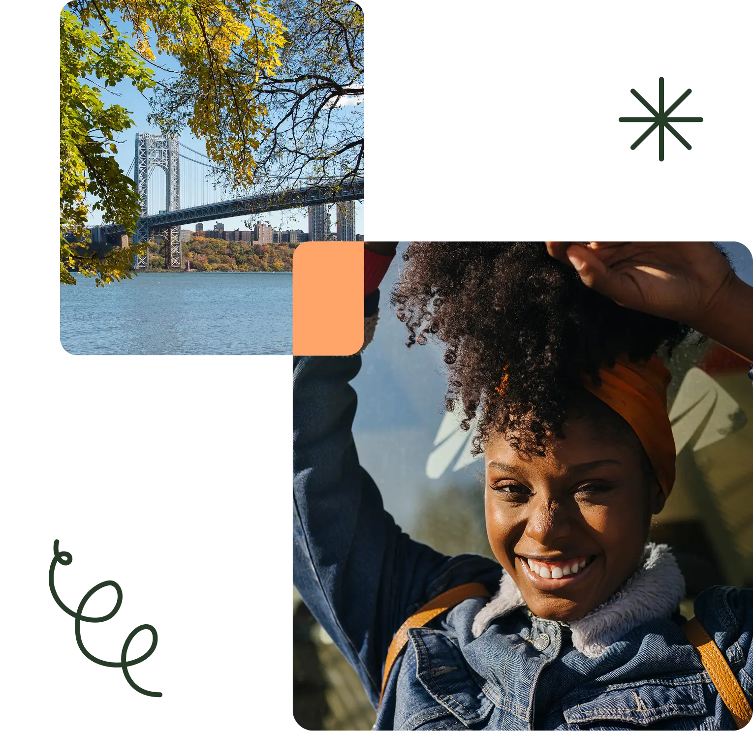 A woman smiling and adjusting her hair in sunlight, with a photo of a city bridge and river overlaid beside her. Stylized graphic elements decorate the background.