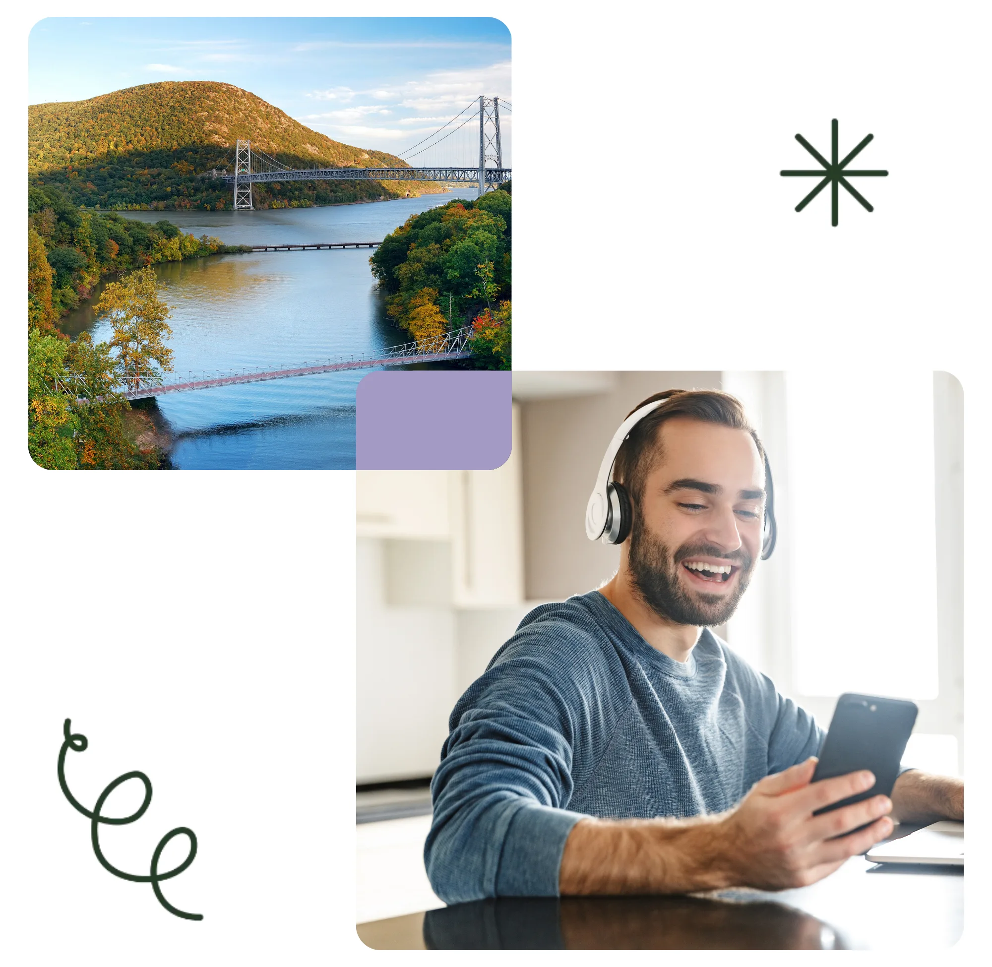 A scenic river view with a bridge and forested hills, above a man smiling with headphones indoors—enjoying peace of mind thanks to overdraft protection. Decorative lines and stars add flair.