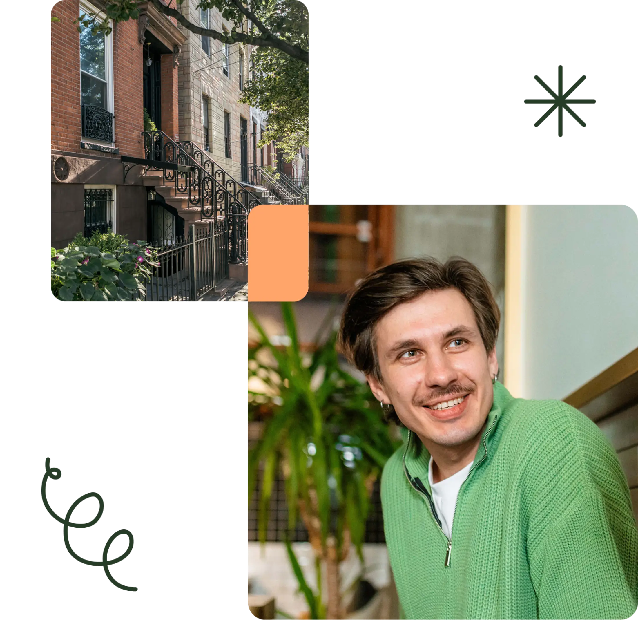 A man in a green sweater smiles indoors; above him is a photo of a city townhouse, with abstract green designs decorating the background.